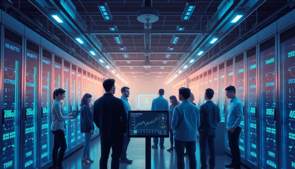 Crypto mining app showcasing a modern AI cloud mining facility with diverse professionals and tech.