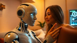 AI sex robot in an intimate setting, showcasing advanced technology and a cozy atmosphere.
