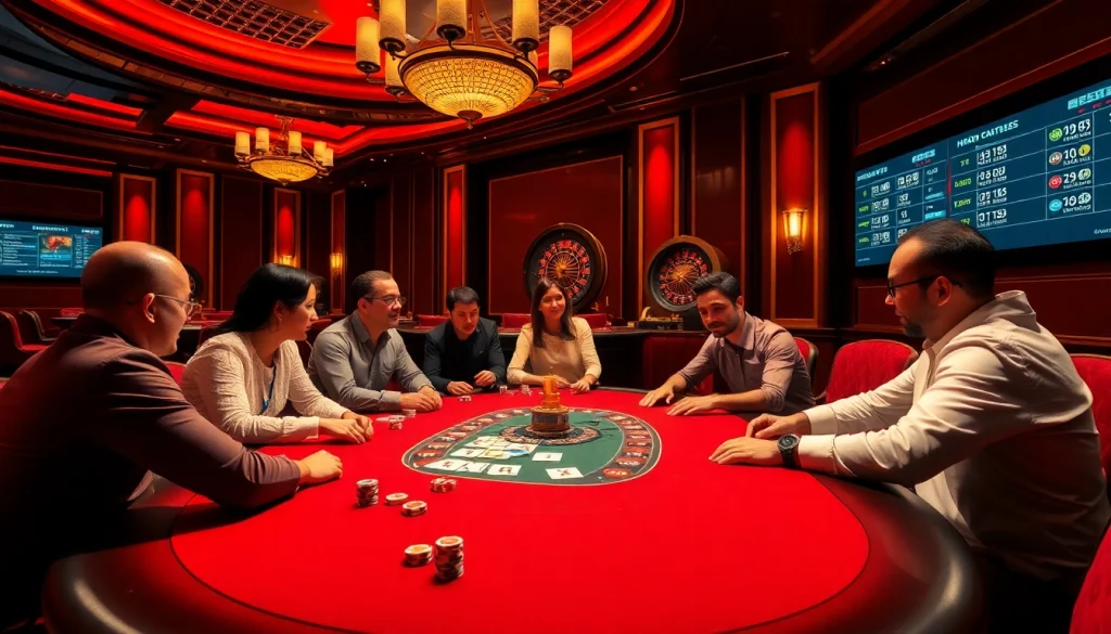 Cảnh hấp dẫn của các người chơi Bet VIP tại bàn poker sang trọng trong một casino hiện đại.