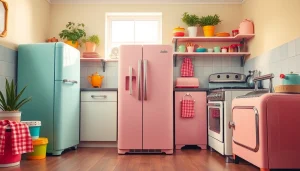 Showcase retro appliances with a pastel refrigerator and vintage-style gas stove in a vibrant kitchen.
