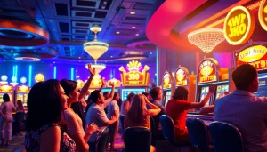 Menggambarkan suasana meriah petanitoto dengan pemain kemenangan di kasino online.