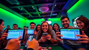 Hello88 online betting experience in a stylish lounge filled with excited gamers and vibrant screens.