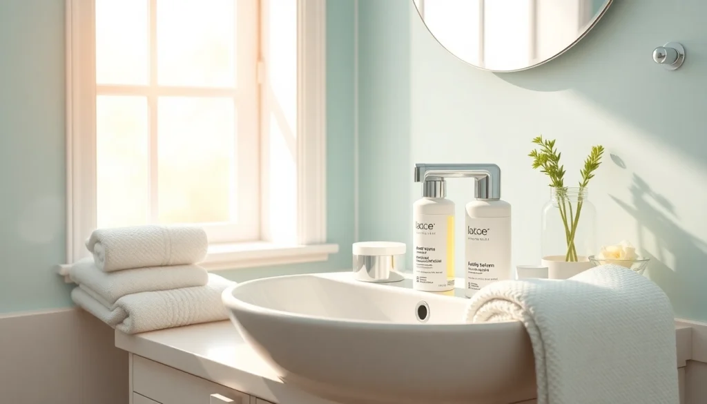 Hudvård mot aknebenägen hud visas i en lugn badrumsrutin.