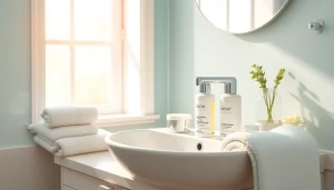 Hudvård mot aknebenägen hud visas i en lugn badrumsrutin.