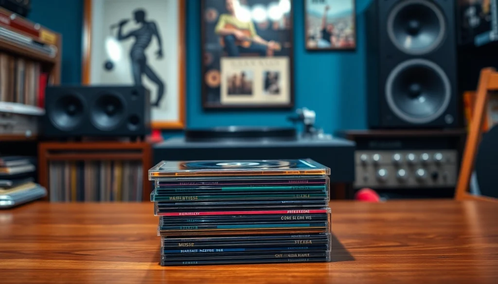 Showcasing a vibrant stack of audio CDs in a cozy home studio setting with music memorabilia.