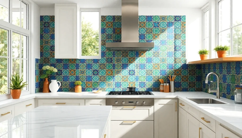 Carreaux Zellige dans une crédence de cuisine colorée, présentant des motifs géométriques complexes et des couleurs.
