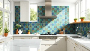 Carreaux Zellige dans une crédence de cuisine colorée, présentant des motifs géométriques complexes et des couleurs.