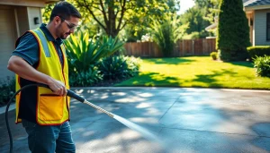 Pressure wash technician cleaning a driveway, showcasing effective exterior cleaning services.
