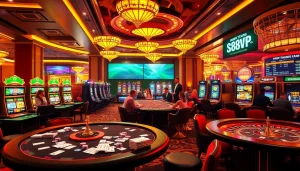 S88VIP logo displayed in a vibrant casino scene with players enjoying high-stakes games.