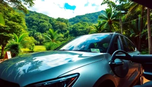 Car hire in Kuching with a modern rental car against a tropical backdrop.