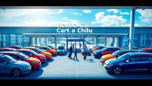 Rent a car Chisinau at a bustling airport with diverse vehicles and welcoming service.