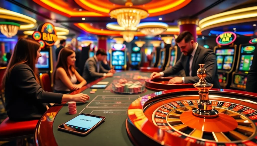 Experienced gamblers enjoy a thrilling game on HereWeGo platform with vibrant casino visuals.