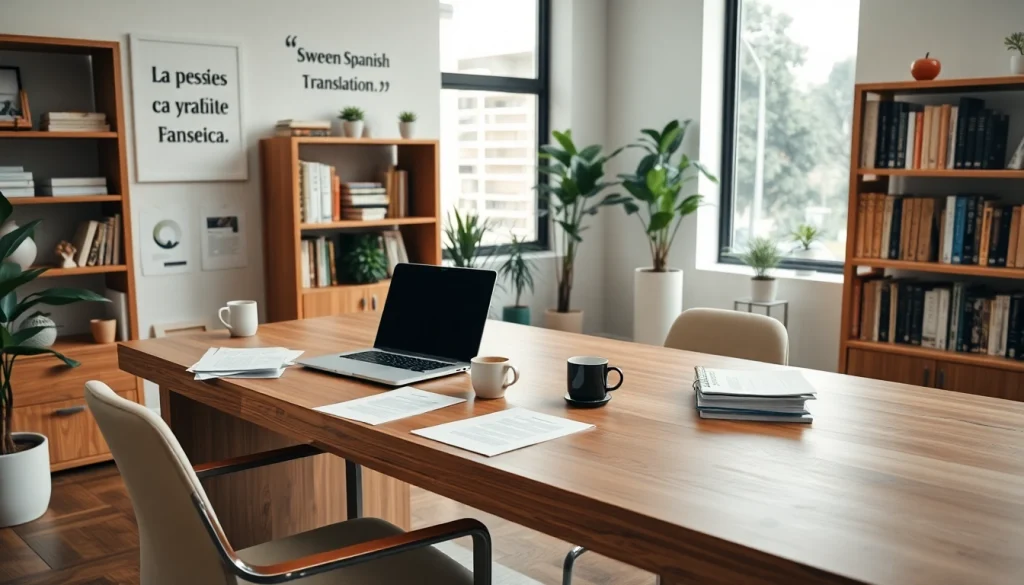 Bureau d'un traducteur assermenté espagnol, équipé d'un bureau en bois, d'un ordinateur portable et de livres de langues.