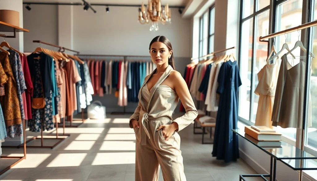 Rivelle fashion model elegantly displaying luxurious clothing in a chic boutique.