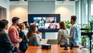Capture of a professional Corporate Video Production team collaborating on a project in a modern office.