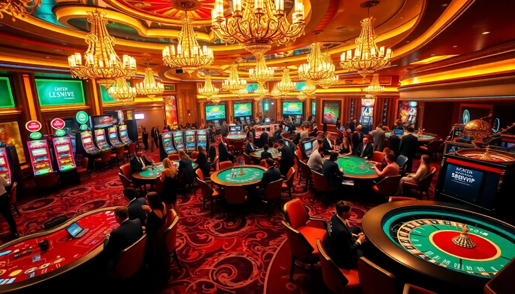 S88vip players engaging in blackjack and roulette at a luxurious casino floor, surrounded by excitement and glamour.