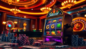 Experience the thrill of Slot Gacor with vibrant slot machines and poker chips in a luxurious casino.