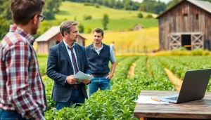 Agriculture lawyer advising farmer in a vibrant landscape representing agricultural practices.