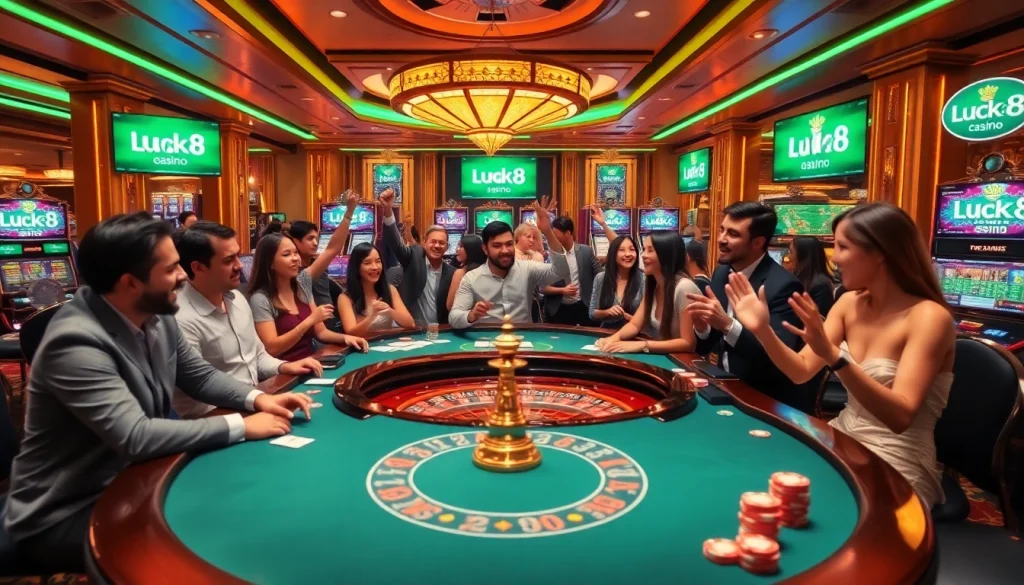 Players celebrating wins at a Luck8 casino table with vibrant poker chips and digital interfaces.