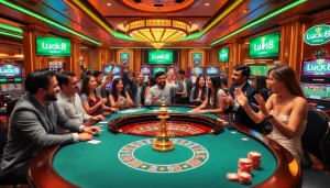 Players celebrating wins at a Luck8 casino table with vibrant poker chips and digital interfaces.