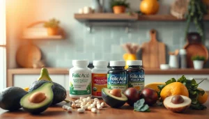 新鮮な果物と野菜と一緒に高品質の葉酸サプリを展示。葉酸サプリ おすすめ