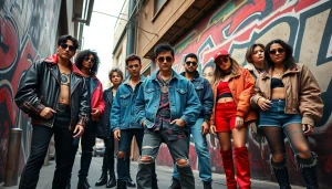 Modern rebel fashion depicted through diverse individuals in edgy streetwear against vibrant urban graffiti.