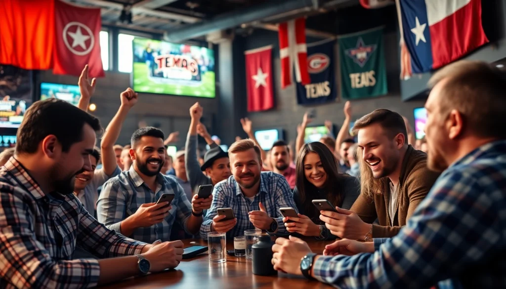 Cheering fans in a lively sports bar enjoying sports betting Texas with smartphones.