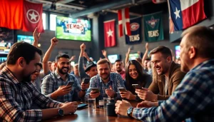 Cheering fans in a lively sports bar enjoying sports betting Texas with smartphones.