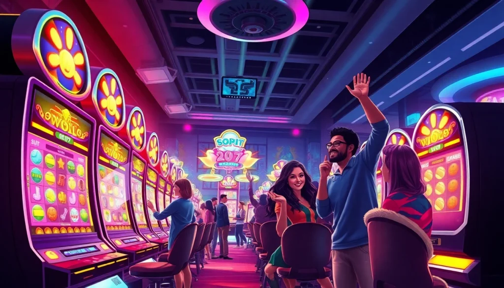 Vibrant illustration of online slot gaming at hoki138 pro highlighting excitement and community.