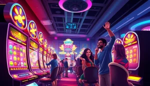 Vibrant illustration of online slot gaming at hoki138 pro highlighting excitement and community.