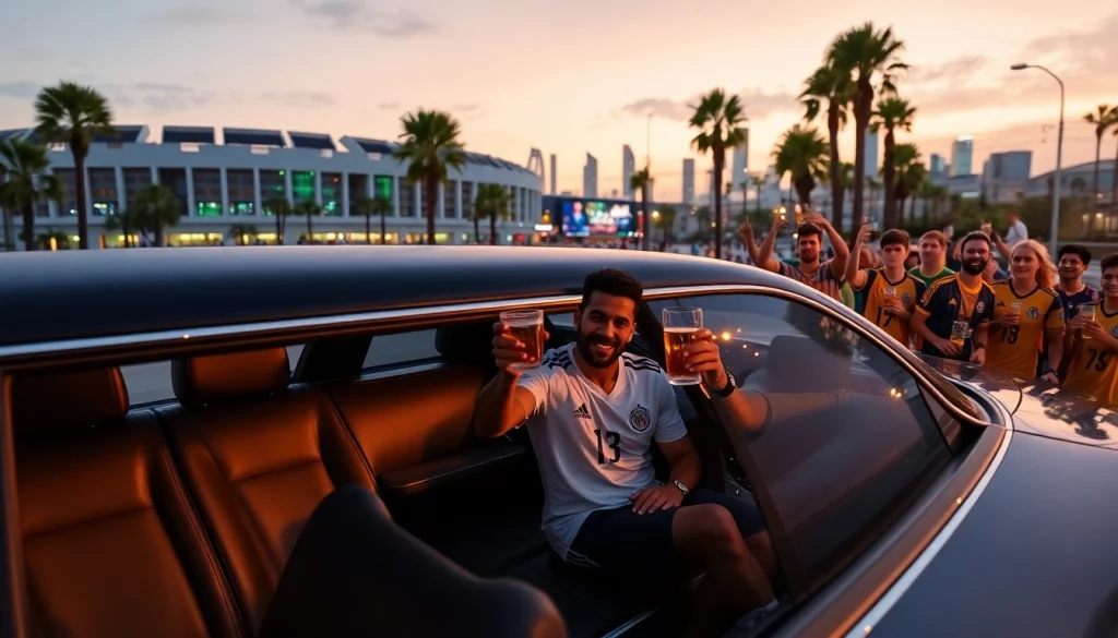 World Cup Group Transportation in a luxurious limousine outside a LA stadium with fans celebrating.
