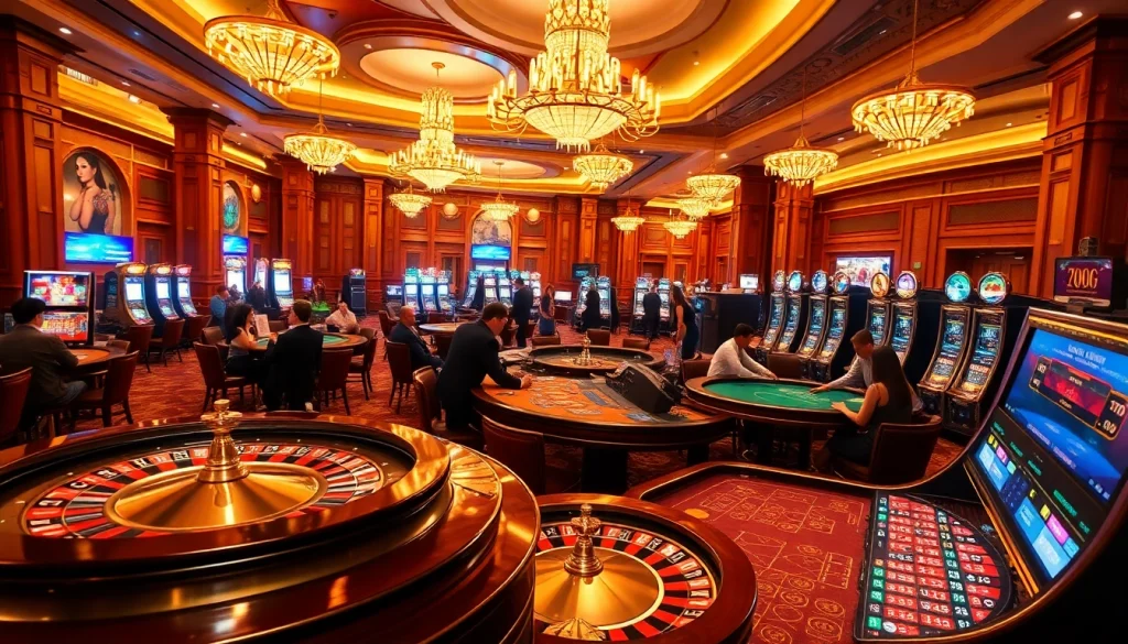 Exciting gambling scene with players at casino tables showcasing "Nếu như vậy bám vào đây" moments of thrill and strategy.