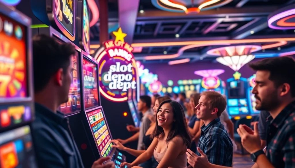 Menampilkan pemain antusias bermain slot depo 1k di kasino yang bercahaya.