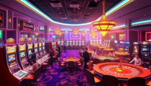 KJC ONL casino scene featuring vibrant slot machines and engaging poker tables in an elegant atmosphere.