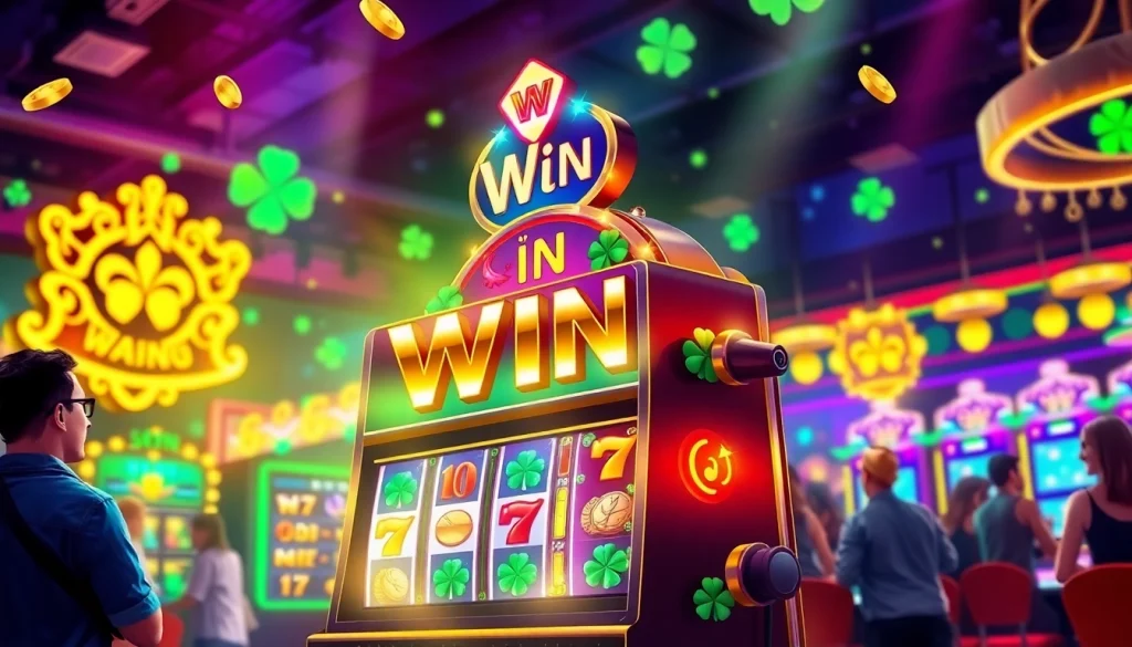 Experience the excitement of winmy slot with vibrant visuals of a lively casino scene showcasing glowing slot machines.