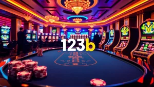 Players enjoying online gambling at 123b with vibrant casino elements like poker chips and slot machines.