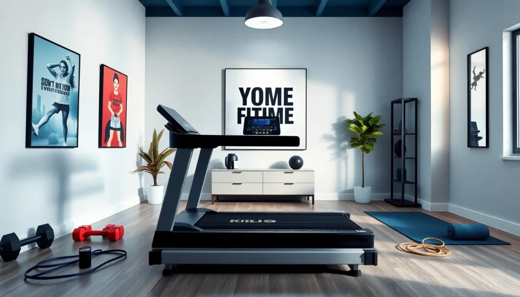 High-quality home treadmill manufacturer featured in a modern home gym setting with motivational decor.