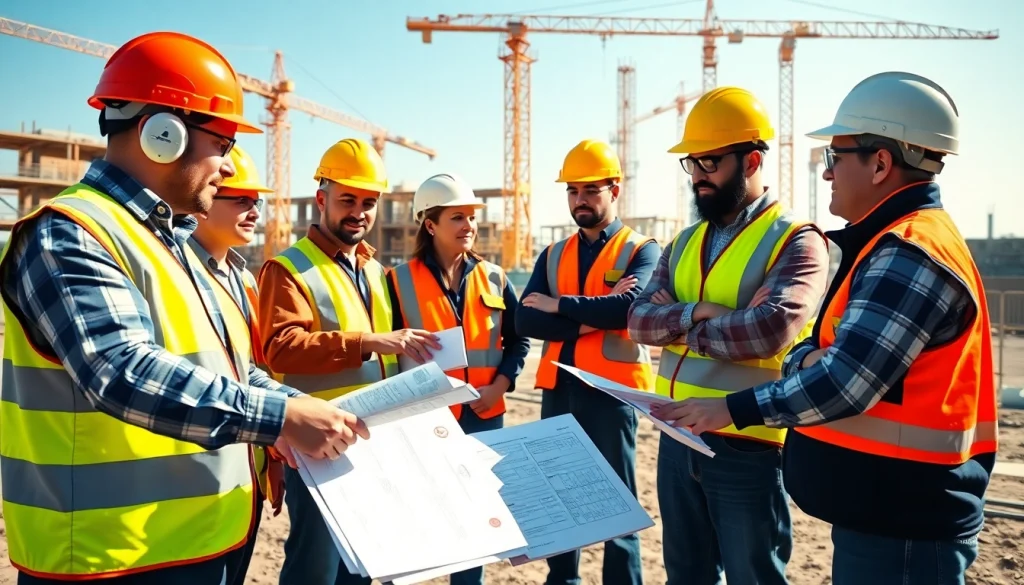 Engaged in construction safety training, workers actively learn procedures in a vibrant outdoor setting.