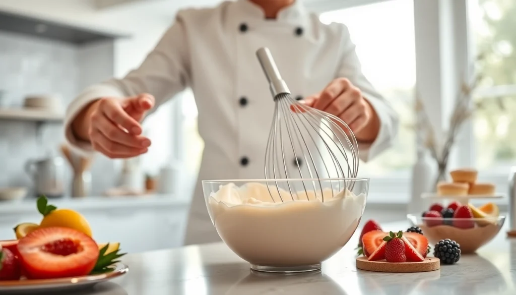Mousseline cream being expertly prepared by a professional pastry chef in a bright kitchen.