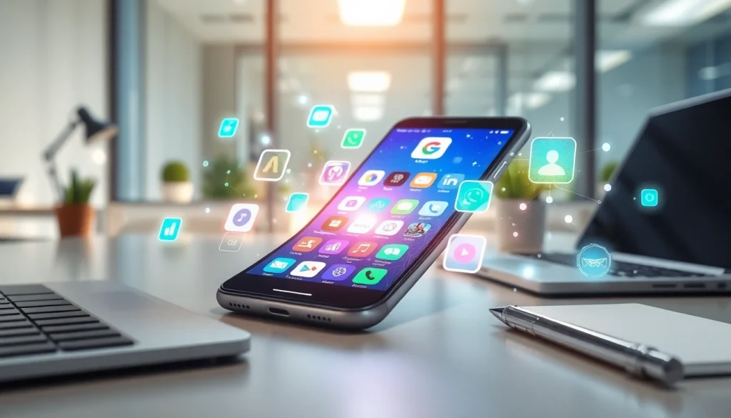 Showcase ai apps creatively displayed on a smartphone in a modern workspace environment.