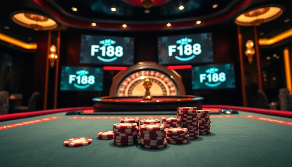 Experience luxury with the แบรนด์ F168 casino scene featuring vibrant poker chips and high-stakes games.
