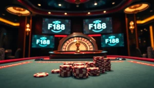 Experience luxury with the แบรนด์ F168 casino scene featuring vibrant poker chips and high-stakes games.