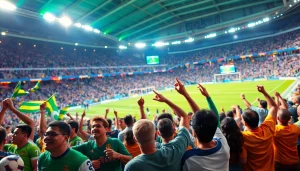 Menggambarkan judi bola dengan para penggemar yang antusias di stadion, merayakan momen taruhan.