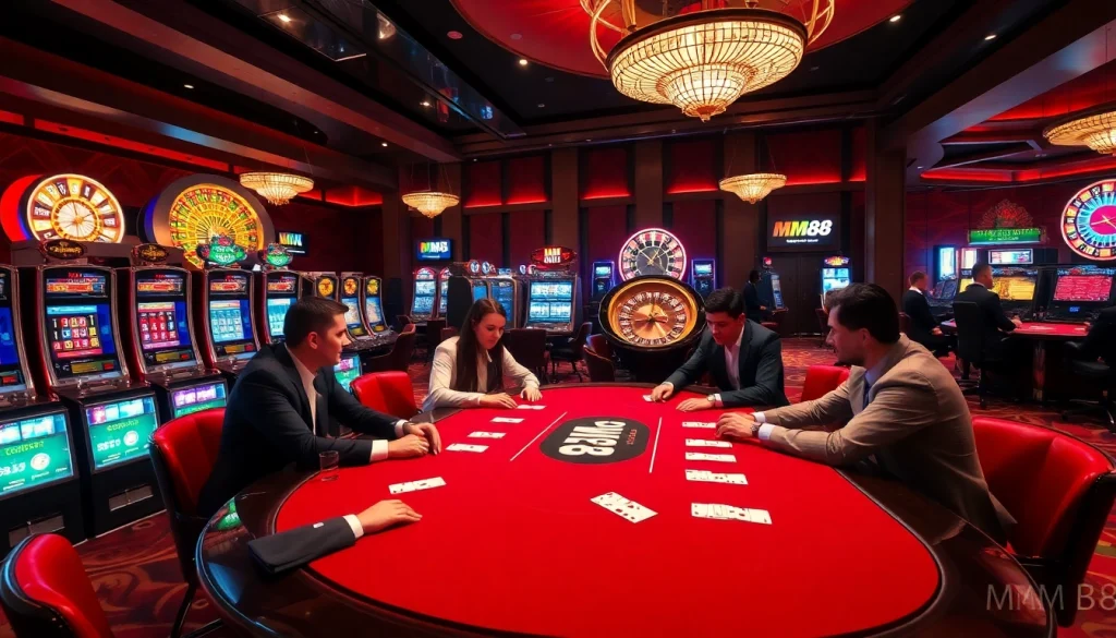 Excited players at MM 88 poker table, surrounded by vibrant casino atmosphere and slot machines.
