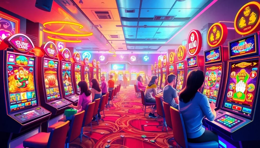 Permainan slot Istana777 yang menarik dengan layar penuh warna dan pemain yang bersemangat.