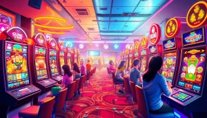 Permainan slot Istana777 yang menarik dengan layar penuh warna dan pemain yang bersemangat.