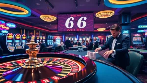 Engaging casino scene highlighting New 66, showcasing players at tables, excitement, and luxury.