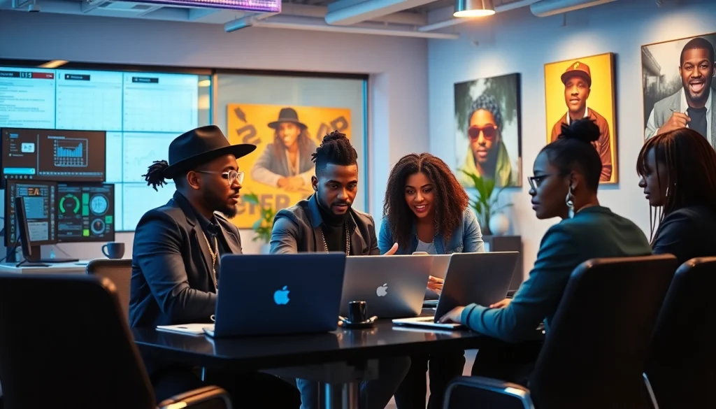 Vibrant office scene at a hip hop PR firm, showcasing energetic publicists collaborating on marketing strategies.