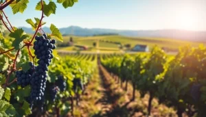 Grapes from wineries in Clarksburg growing in a sunny vineyard setting.