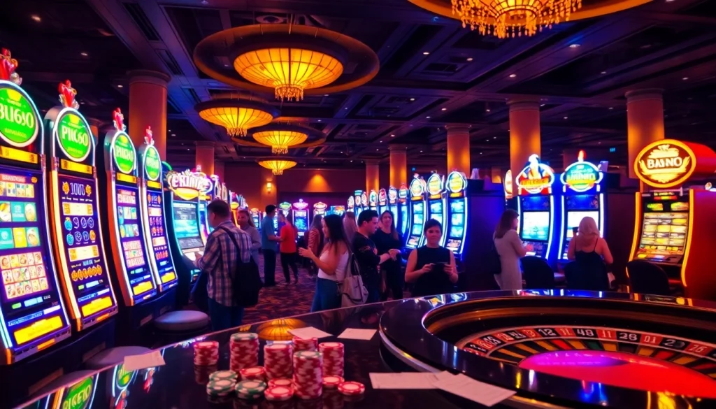 Engaging slot community vibes in an electric casino with players enjoying slot machines.